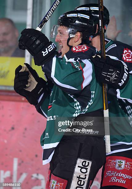 Tyler Scofield of the Starbulls Rosenheim celebrates during the test match between the Starbulls Rosenheim and the Duesseldorfer EG on august 14,...