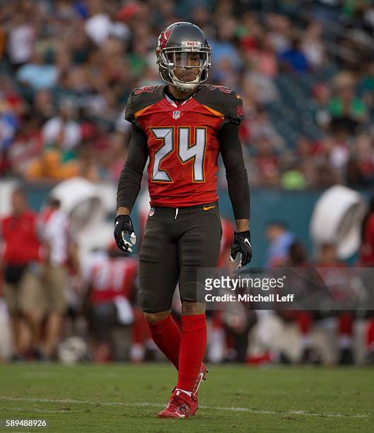 Brent Grimes of the Tampa Bay Buccaneers plays against the Philadelphia Eagles at Lincoln Financial Field on August 11, 2016 in Philadelphia,...