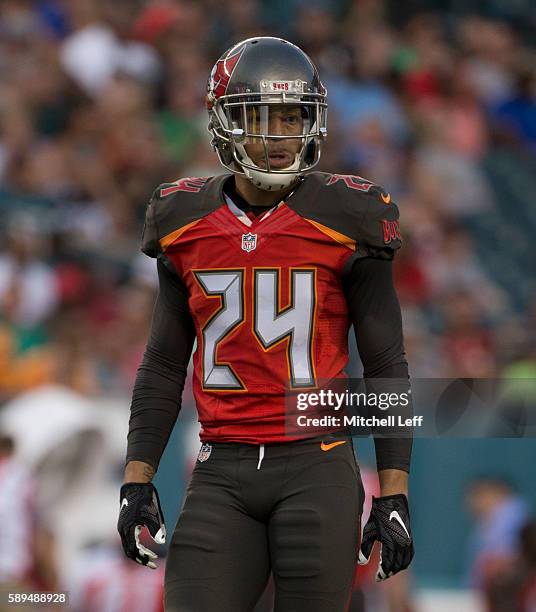 Brent Grimes of the Tampa Bay Buccaneers plays against the Philadelphia Eagles at Lincoln Financial Field on August 11, 2016 in Philadelphia,...