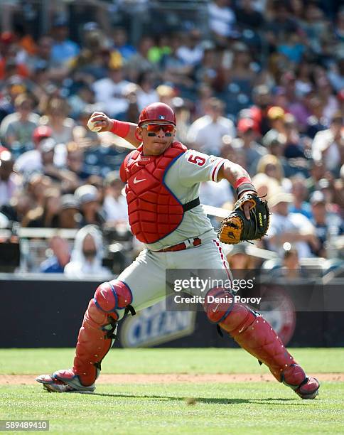 Carlos Ruiz of the Philadelphia Phillies plays during a baseball game against the San Diego Padres at PETCO Park on August 7, 2016 in San Diego,...