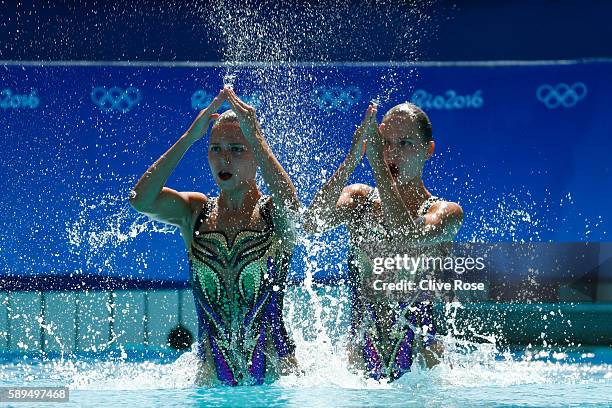 Alexandra Nemich and Yekaterina Nemich of Kazakhstan compete in the Women's Duets Synchronised Swimming Free Routine Preliminary Round on Day 9 of...