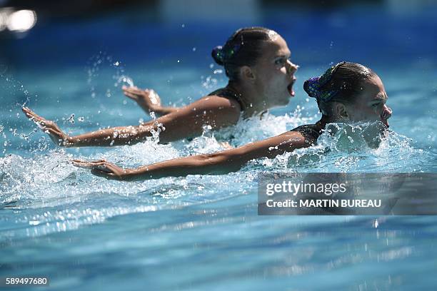 Kazakhstan's Alexandra Nemich and Yekaterina Nemich compete in the Duets Free Routine preliminaries during the synchronised swimming event at the...