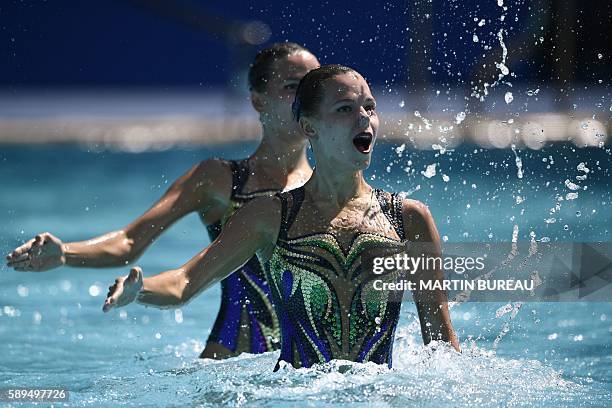 Kazakhstan's Alexandra Nemich and Yekaterina Nemich compete in the Duets Free Routine preliminaries during the synchronised swimming event at the...