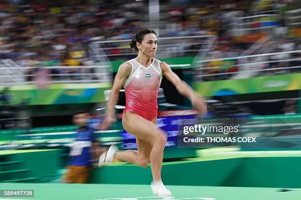 Uzbekistan's Oksana Chusovitina competes in the women's vault event final of the Artistic Gymnastics at the Olympic Arena during the Rio 2016 Olympic...