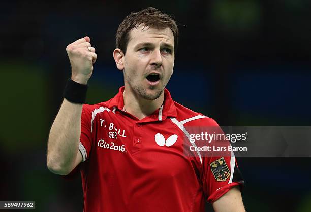 Timo Boll of Germany celebrates during the Table Tennis Men's Quarterfinal Match between Germany and Austria on August 14, 2016 in Rio de Janeiro,...