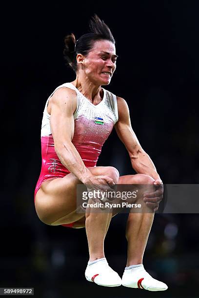 Oksana Chusovitina of Uzbekistan competes in the Women's Vault Final on Day 9 of the Rio 2016 Olympic Games at the Rio Olympic Arena on August 14,...