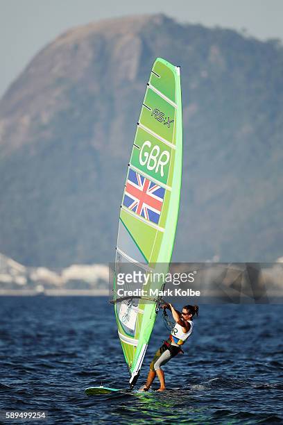 Bryony Shaw of Great Britain competes in the Women's RS:X class medal race on Day 9 of the Rio 2016 Olympic Games at the Marina da Gloria on August...