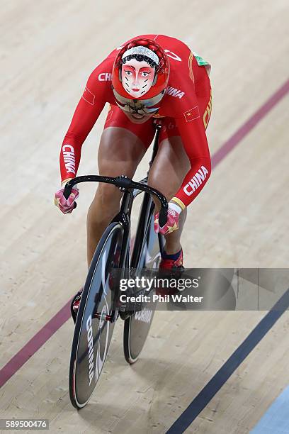 Tianshi Zhong of China rides in the Women's Sprint Qualifications on Day 9 of the Rio 2016 Olympic Games at the Rio Olympic Velodrome on August 14,...