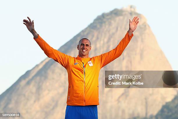 Dorian van Rijsselberghe of the Netherlands celebrates winning gold medal in the Men's RS:X class on Day 9 of the Rio 2016 Olympic Games at the...