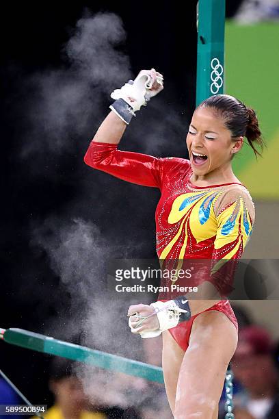 Jessica Brizeida Lopez Arocha of Venezuela celebrates after competing in the Women's Uneven Bars Final on Day 9 of the Rio 2016 Olympic Games at the...