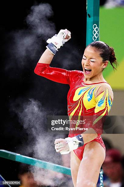 Jessica Brizeida Lopez Arocha of Venezuela celebrates after competing in the Women's Uneven Bars Final on Day 9 of the Rio 2016 Olympic Games at the...