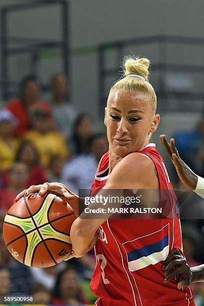 Serbia's point guard Milica Dabovic dribbles during a Women's round Group B basketball match between Senegal and Serbia at the Youth Arena in Rio de...