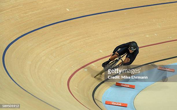 Natasha Hansen of New Zealand rides in the Women's Sprint Qualifications on Day 9 of the Rio 2016 Olympic Games at the Rio Olympic Velodrome on...