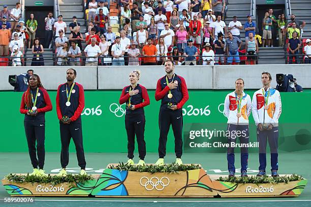 Silver medalists Venus Williams and Rajeev Ram of the United States, gold medalists Bethanie Mattek-Sands and Jack Sock of the United States and...