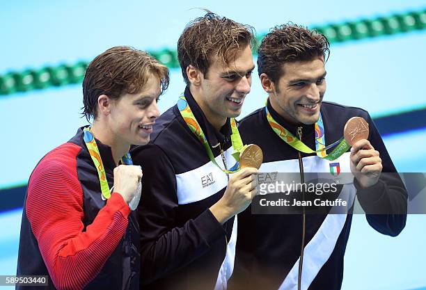 Silver medalist Connor Jaeger of USA, gold medalist Gregorio Paltrinieri and bronze medalist Gabriele Detti of Italia pose during the medal ceremony...