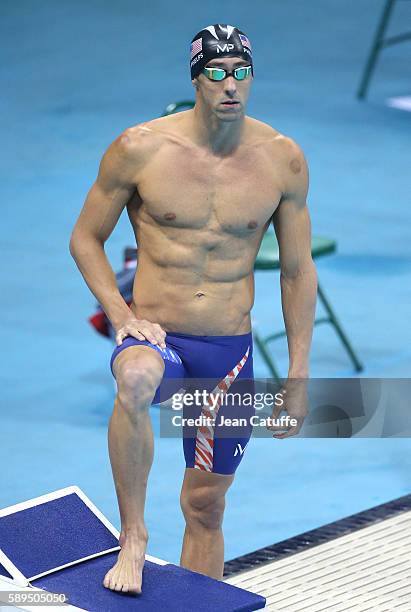 Michael Phelps of USA competes in the Men's 100m Butterfly final on day 7 of the Rio 2016 Olympic Games at Olympic Aquatics Stadium on August 12,...