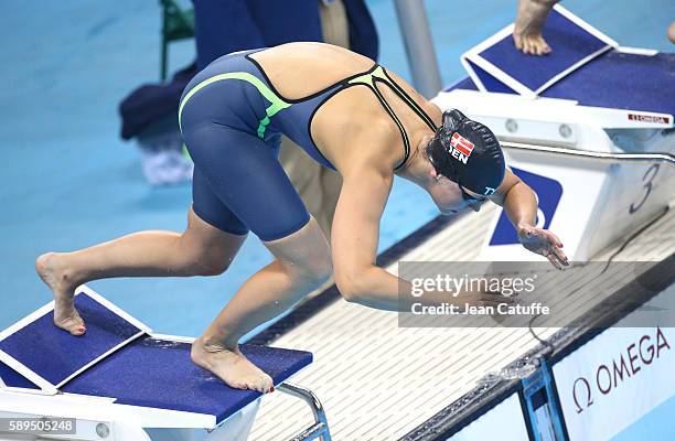 Lotte Friis of Denmark competes in the Women's 800m Freestyle final on day 7 of the Rio 2016 Olympic Games at Olympic Aquatics Stadium on August 12,...