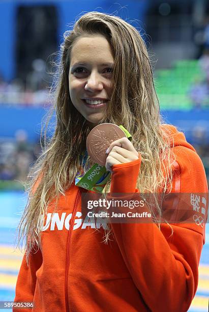 Bronze medalist Boglarka Kapas of Hungary poses during the medal ceremony for the Women's 800m Freestyle final on day 7 of the Rio 2016 Olympic Games...