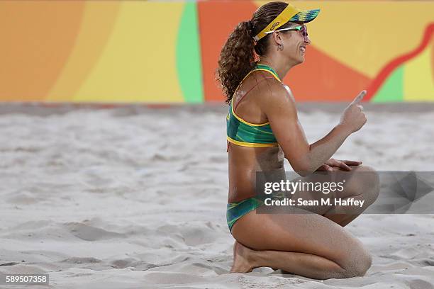 Larissa Franca Maestrini of Brazil celebrates a point during a Women's Quarterfinal match between Brazil and Switzerland on Day 9 of the Rio 2016...