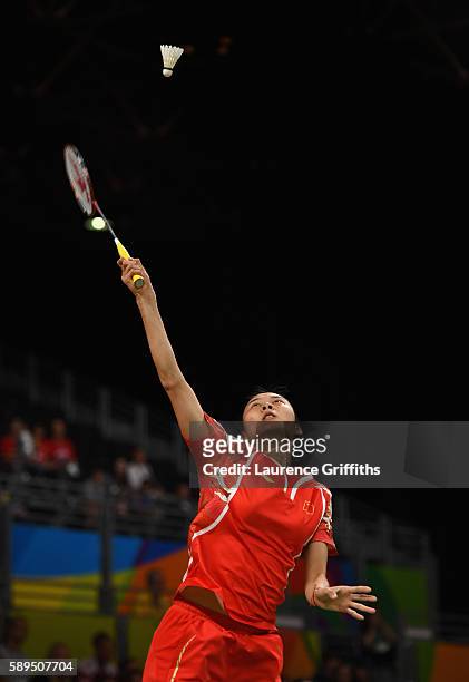Yihan Wang of China in action during her Badminton Womens Singles match against Karin Schnaase of Germany on Day 9 of the Rio 2016 Olympic Games at...