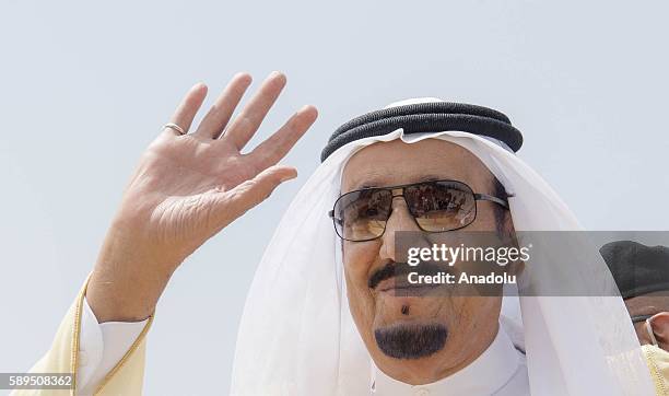 Saudi Arabian King Salman bin Abdulaziz Al Saud waves before leaving Morocco at the Tangier Ibn Battouta Airport in Tangier, Morocco July 14, 2016.