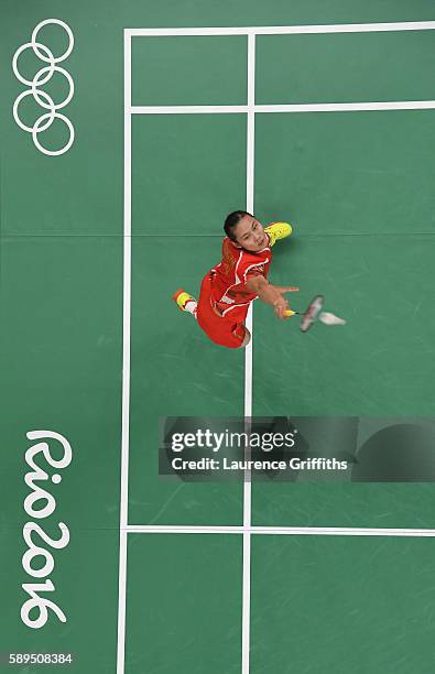 Yihan Wang of China in action during her Badminton Womens Singles match against Karin Schnaase of Germany on Day 9 of the Rio 2016 Olympic Games at...