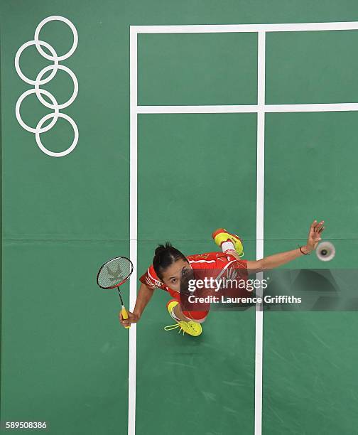 Yihan Wang of China in action during her Badminton Womens Singles match against Karin Schnaase of Germany on Day 9 of the Rio 2016 Olympic Games at...