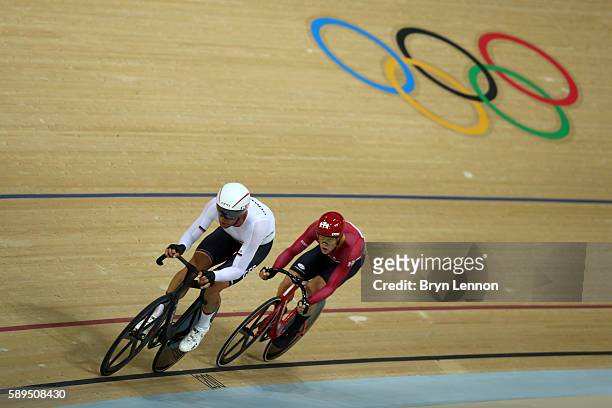 Roger Kluge of Germany and Lasse Norman Hansen of Denmark compete in the Men's Omnium Scratch Race 1 on Day 9 of the Rio 2016 Olympic Games at the...