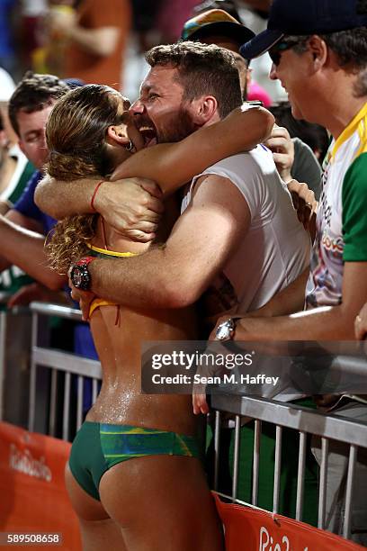 Larissa Franca Maestrini of Brazil celebrates after defeating Switzerland in a Women's Quarterfinal match on Day 9 of the Rio 2016 Olympic Games at...