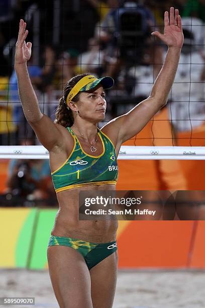 Larissa Franca Maestrini of Brazil celebrates a point during a Women's Quarterfinal match between Brazil and Switzerland on Day 9 of the Rio 2016...