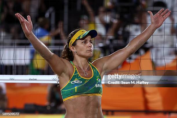 Larissa Franca Maestrini of Brazil celebrates a point during a Women's Quarterfinal match between Brazil and Switzerland on Day 9 of the Rio 2016...