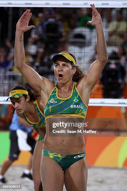 Larissa Franca Maestrini of Brazil celebrates a point during a Women's Quarterfinal match between Brazil and Switzerland on Day 9 of the Rio 2016...