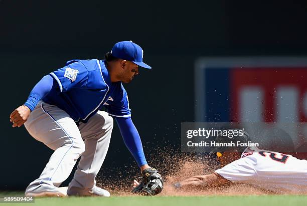 Eddie Rosario of the Minnesota Twins steals second base against Christian Colon of the Kansas City Royals during the fifth inning of the game on...