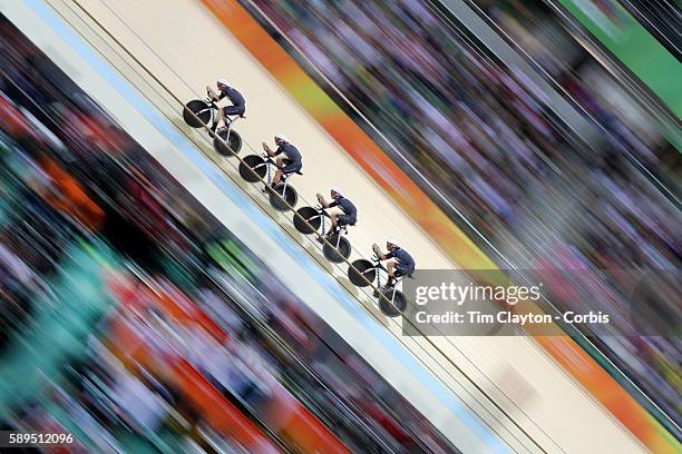 Track Cycling - Olympics: Day 6 The Great Britain team of Edward Clancy, Steven Burke, Owain Doull and Bradley Wiggins winning the gold medal in...