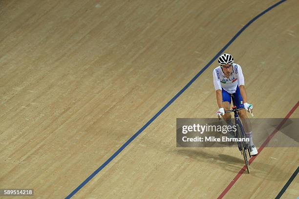 Elia Viviani of Italy celebrates winning the Elimination race of the Men's Omnium on Day 9 of the Rio 2016 Olympic Games at the Rio Olympic Velodrome...