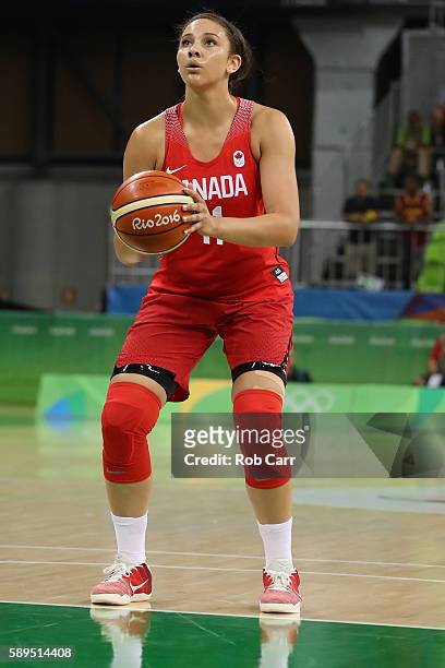 Natalie Achonwa of Canada shoots a free throw against Spain during the Womens Preliminary Round on Day 9 of the 2016 Rio Olympics on August 14, 2016...
