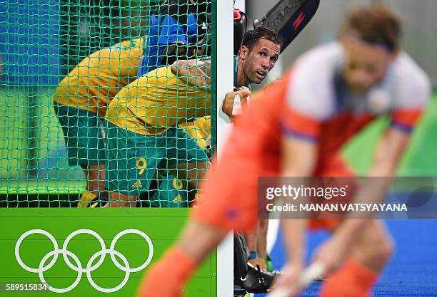 Australia's Mark Knowles looks from the goal during the men's quarterfinal field hockey Netherlands vs Australia match of the Rio 2016 Olympics Games...