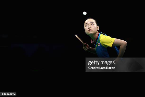 Mima Ito of Japan in action against Petrissa Solja of Germany during the Women's Team Semifinal 2 on Day 9 of the Rio 2016 Olympic Games at Riocentro...