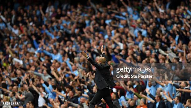 Manchester City manager Pep Guardiola and the fans react during the Premier League match between Manchester City and Sunderland at Etihad Stadium on...