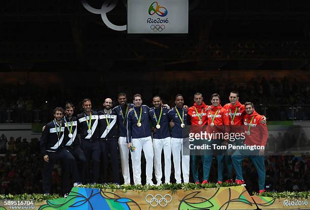 Silver medalists Marco Fichera, Enrico Garozzo, Paolo Pizzo and Andrea Santarelli of Italy, gold medalists Yannick Borel, Gauthier Grumier, Daniel...