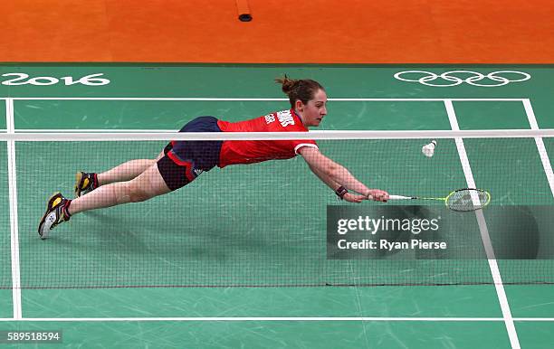 Kirsty Gilmore of Great Britain dives for a shot during her Women's Singles Group match against Linda Zetchiri of Bulgaria on Day 9 of the Rio 2016...