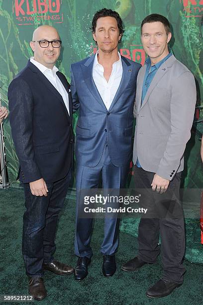 Peter Kujawski, Matthew McConaughey and Travis Knight attend the Kubo and the Two Strings World Premiere at AMC Universal City Walk on August 14,...