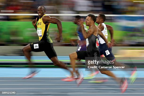 Usain Bolt of Jamaica competes in the Men's 100 meter semifinal on Day 9 of the Rio 2016 Olympic Games at the Olympic Stadium on August 14, 2016 in...