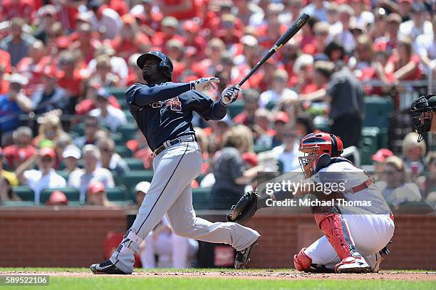 Adonis Garcia of the Atlanta Braves bats against the St. Louis Cardinals at Busch Stadium on August 7, 2016 in St. Louis, Missouri.