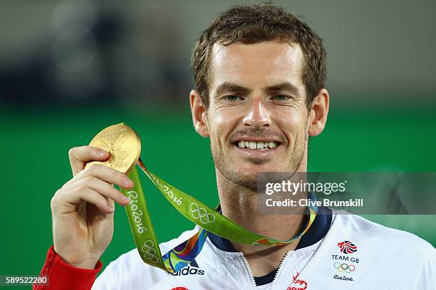 Gold medalist Andy Murray of Great Britain poses on the podium during the medal ceremony for the men's singles on Day 9 of the Rio 2016 Olympic Games...