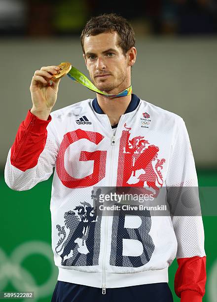 Gold medalist Andy Murray of Great Britain poses on the podium during the medal ceremony for the men's singles on Day 9 of the Rio 2016 Olympic Games...