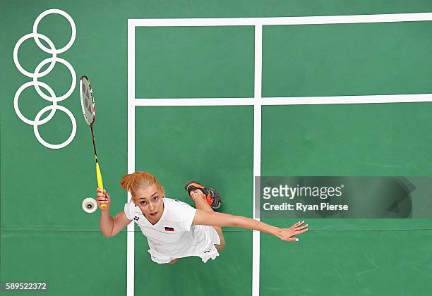 Natalia Perminova of Russia plays a shot during her Badminton Women's Singles Group match against Tzu Ying Tai of Chinese Taipei on Day 9 of the Rio...