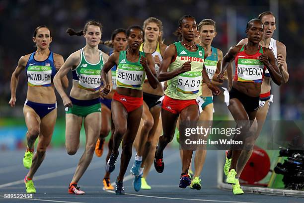 Faith Chepngetich Kipyegon of Kenya, Besu Sado of Ethiopia and Dawit Seyaum of Ethiopia compete in the Women's 1500 meter semifinals on Day 9 of the...