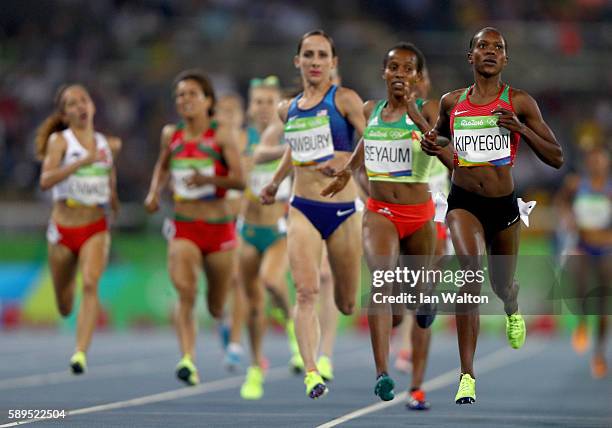 Faith Chepngetich Kipyegon of Kenya, Dawit Seyaum of Ethiopia and Shannon Rowbury of the United States compete in the Women's 1500 meter semifinals...