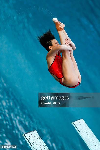 Shi Tingmao of China competes during the Women's Diving 3m Springboard match on Day 9 of the Rio 2016 Olympic Games at Maria Lenk Aquatics Centre on...